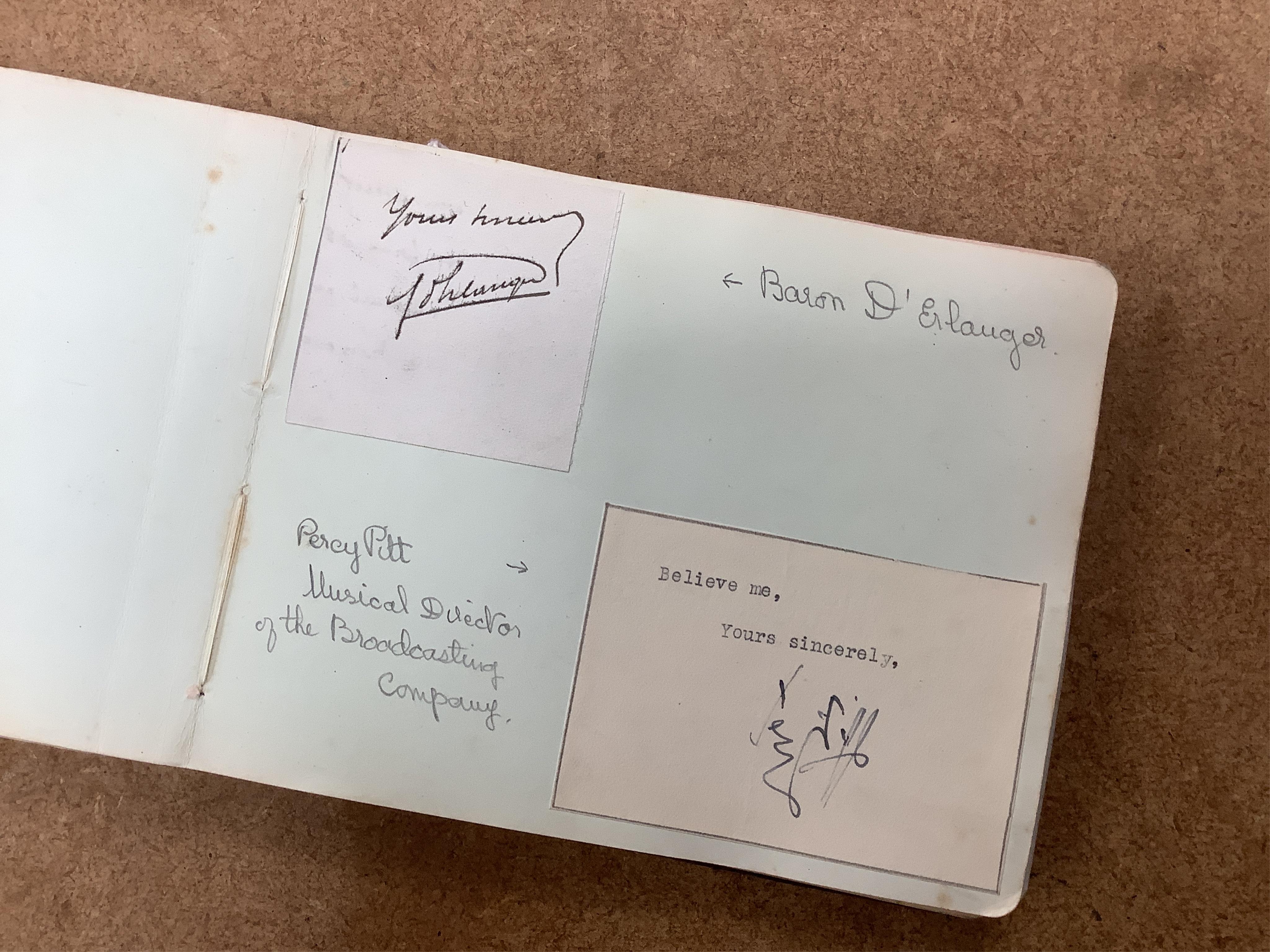 A mid 1920s autograph album containing signatures from the world of classical music, collected by Joan Wynn Reeves, daughter of the violinist and conductor Herbert Wynn Reeves, including a hand written letter from Sir Ed